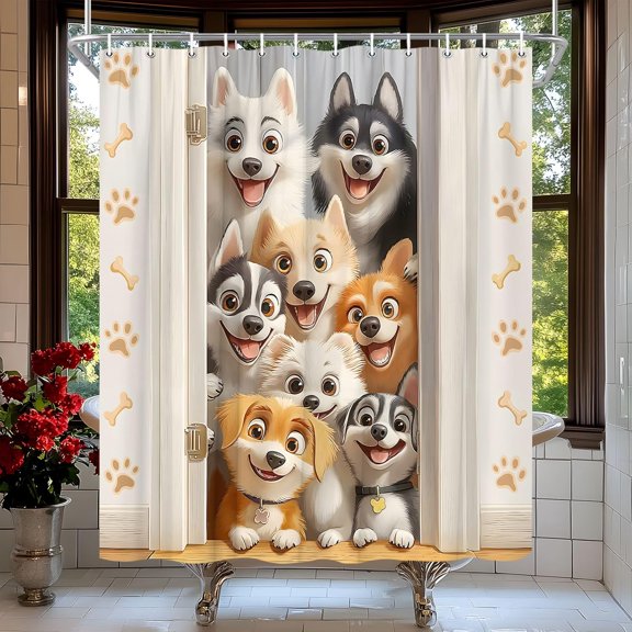 Funny Dogs Shower Curtain Cute Cartoon Animal in Door Lovely Pets Paws Print Bone Watercolor Farmhouse Wildlife Bath Curtain Fabric Bathroom Accessories Decor with Hooks-72"W x 96"L (Pack of 1)