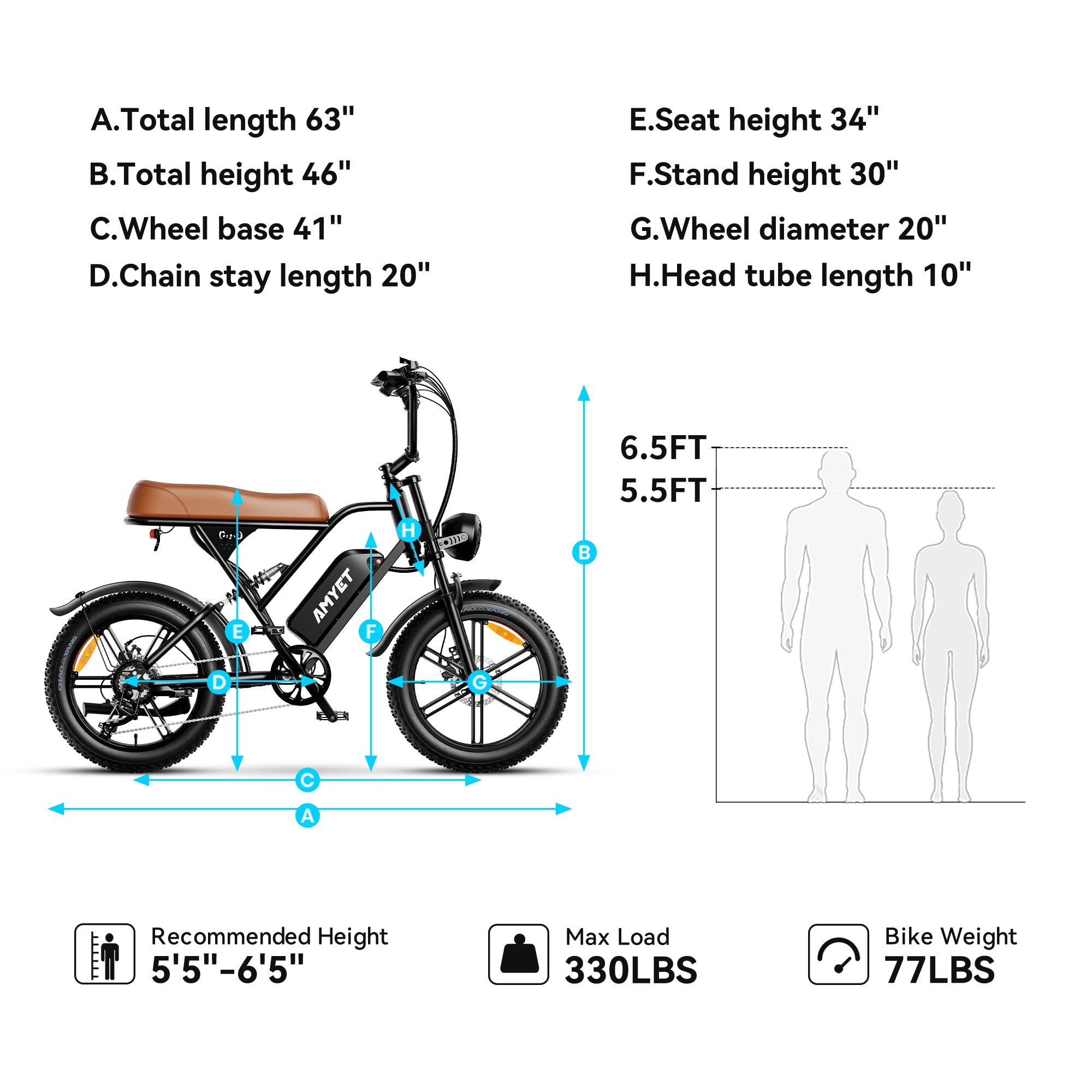AMYET G60 Electric Bike for Adults, 1000W Peak 1500W, 48V 20Ah, 20"x4" Fat Tire E Mountain Bike, UL2849