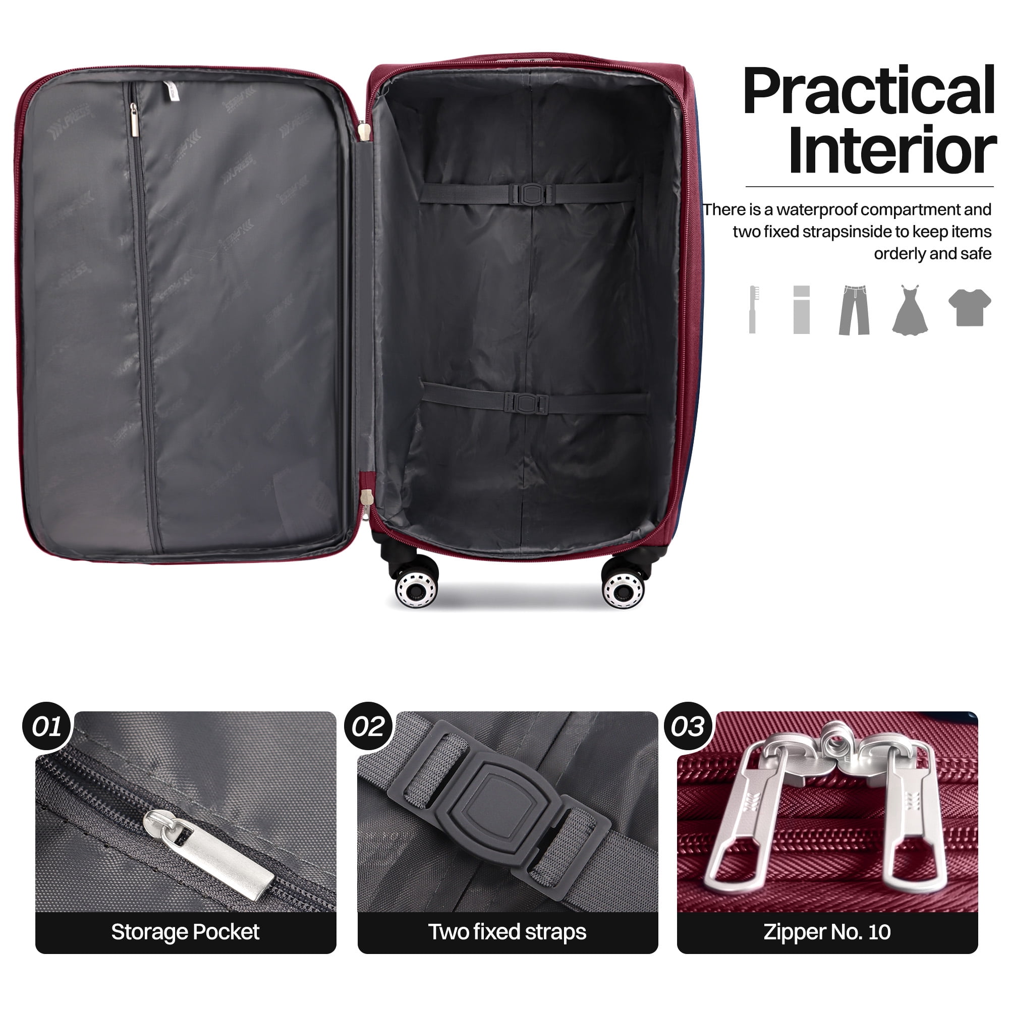 New York Xpress 2-Piece Softside Luggage Set Lightweight Expandable Spinner Suitcase, 20" Carry-on & 28" Checked, Burgundy/Grey, WD8815