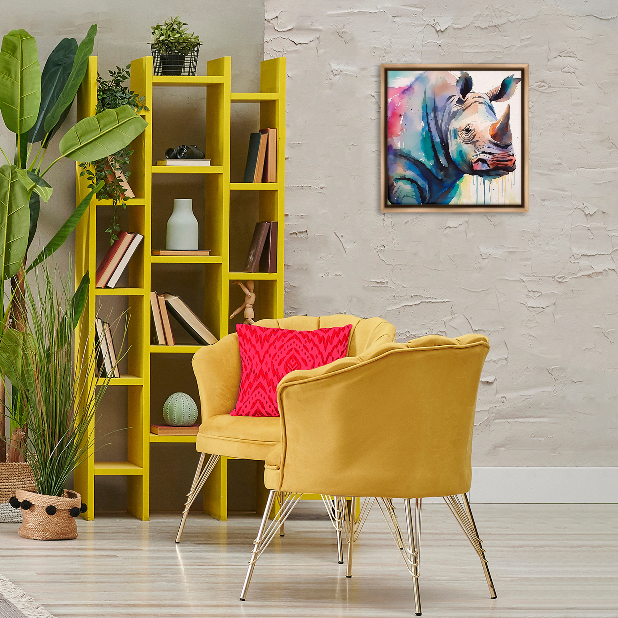 Stupell Industries Paint Drip Rhinoceros Animals & Insects Painting Brown Floater Framed Canvas Art Print Wall Art, 18 x 18
