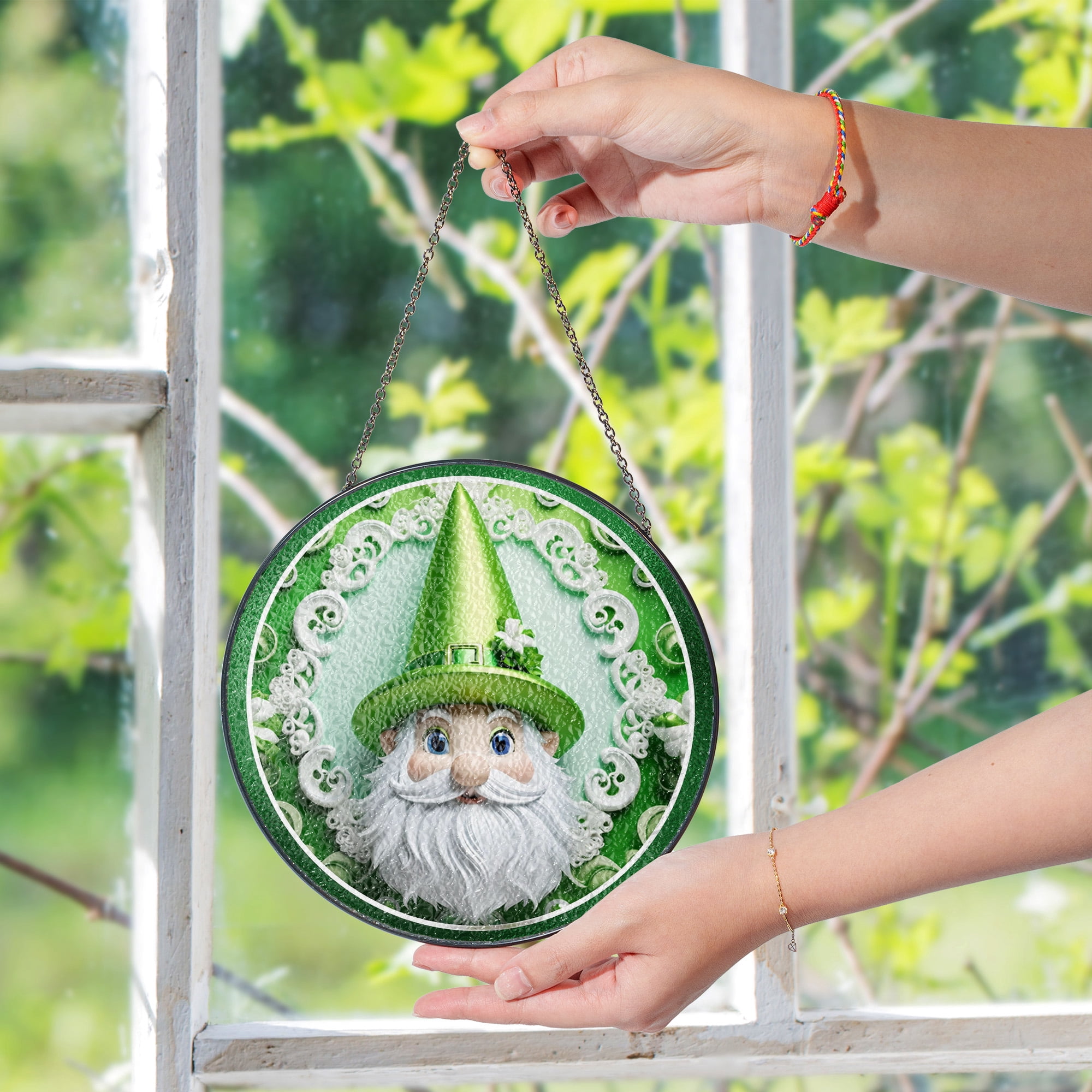 Gnome Faux Stained Glass Suncatcher Window Hanging Decor Irish Theme Green Glass