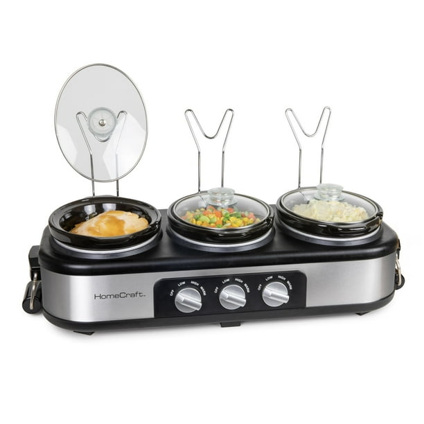 HomeCraft HCTSC15SS Buffet de olla de cocción lenta ovalada de 3 estaciones de acero inoxidable de 1,5 cuartos, con tapa y soporte para cuchara, control de calor ajustable, perfecto para fiestas, vaca