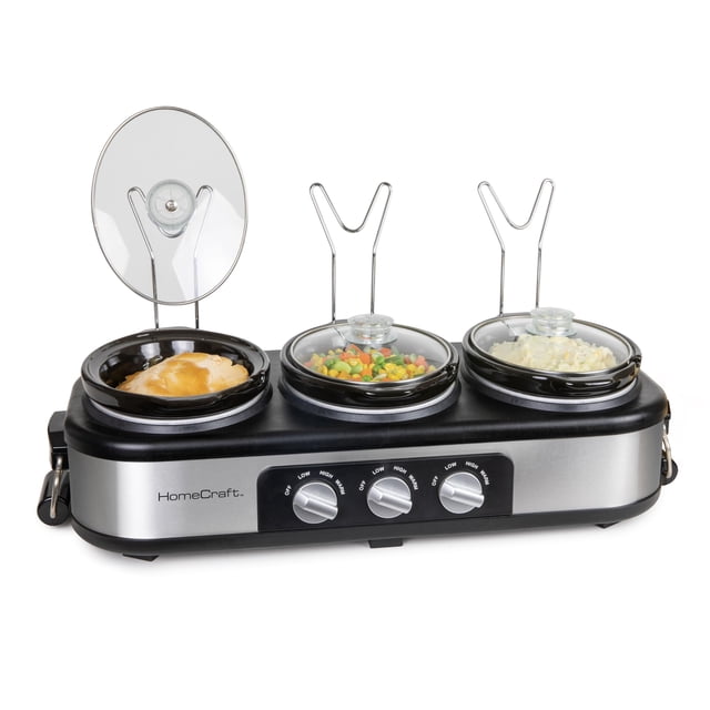 HomeCraft HCTSC15SS Buffet de olla de cocción lenta ovalada de 3 estaciones de acero inoxidable de 1,5 cuartos, con tapa y soporte para cuchara, control de calor ajustable, perfecto para fiestas, vaca