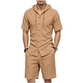 thumbnail image 2 of LEKWK Men Linen Sets Outfits 2 Piece Short Sleeve Button Down Hooded Tops and Elastic Waist Shorts Lightweight Loose Fit Summer Fashion Beach Vacation Wear, 2 of 9