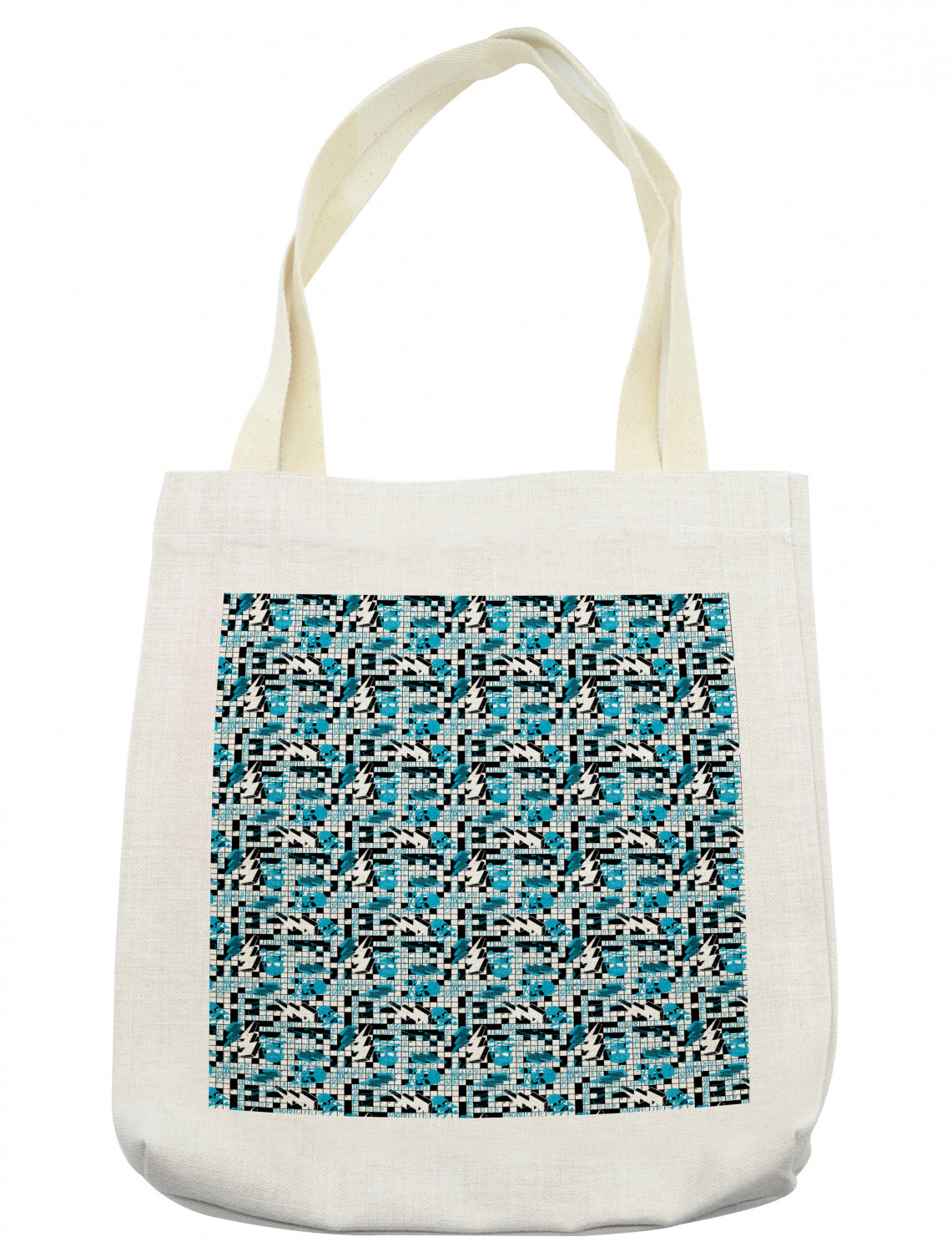 Retro Tote Bag, Crossword Puzzle Theme with Skulls Thunder Bolts Grunge
