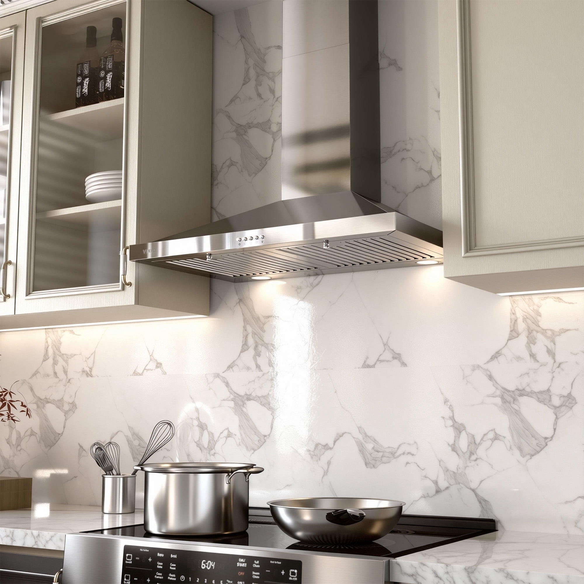 VIKIO 30 inch Wall Mount Range Hood - 500 CFM Convertible Stainless Steel, 3-Speed with Push Control, LED, Carbon Filters