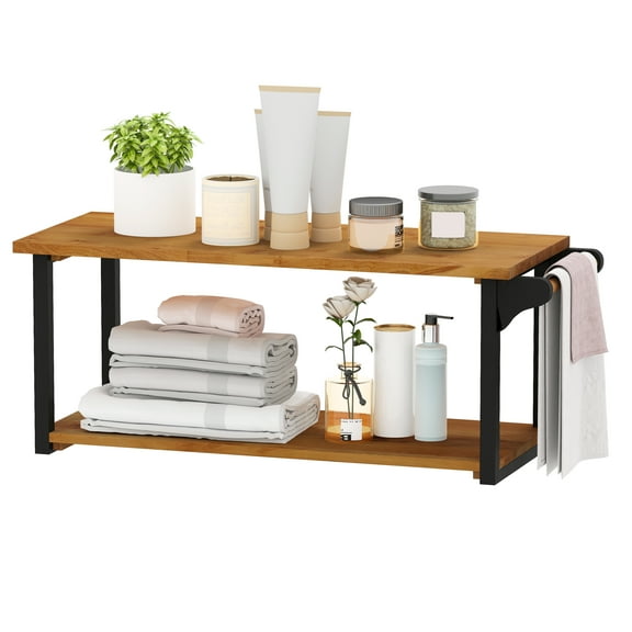 Gymax 40.5'' Long 2-Tier Storage Rack w/ Towel Bar Wall Mounted Floating Shelves