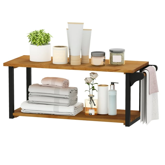 Gymax 40.5'' Long 2-Tier Storage Rack w/ Towel Bar Wall Mounted Floating Shelves
