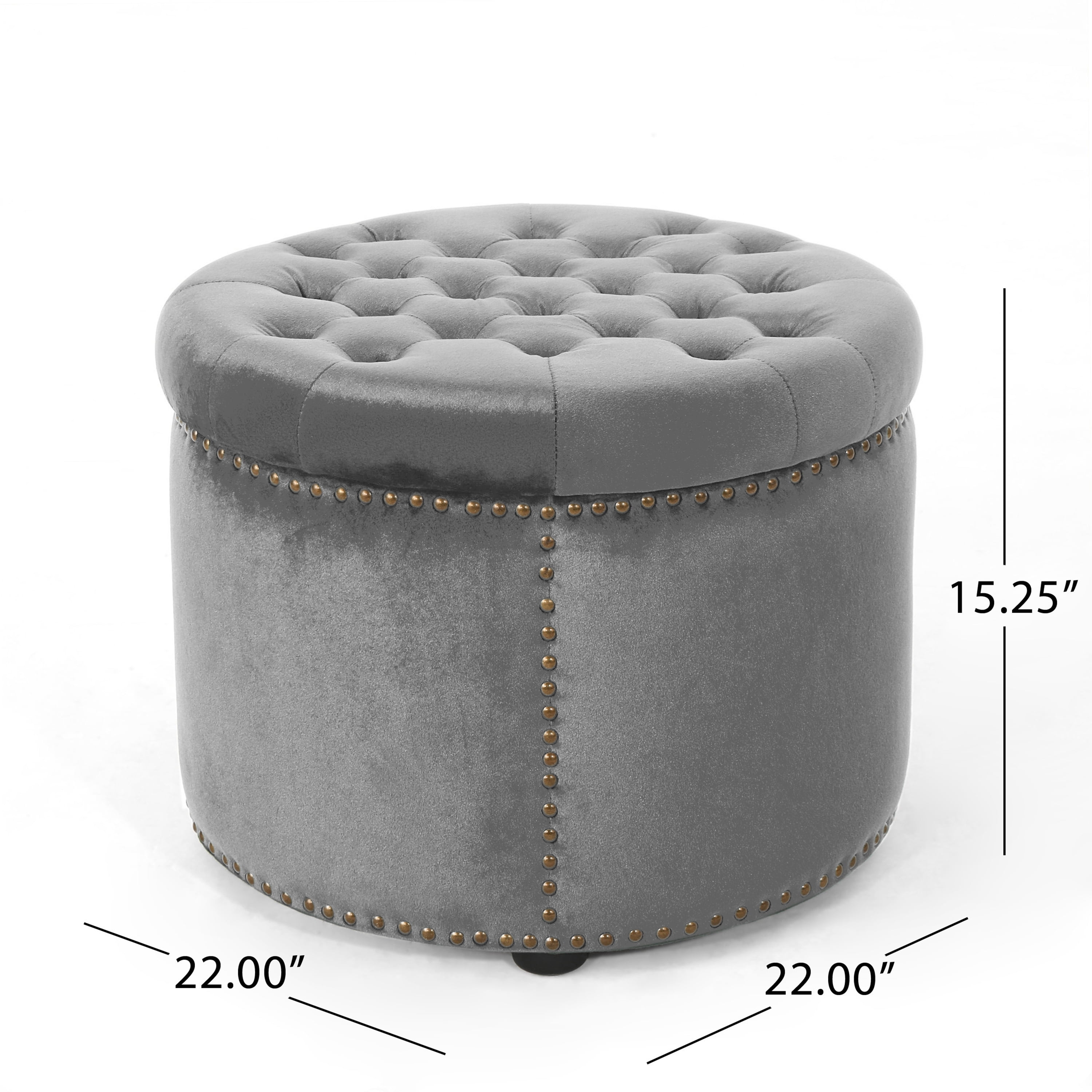 Leavitt Luxurious Emerald Velvet Round Ottoman with Studded Rim, Grey