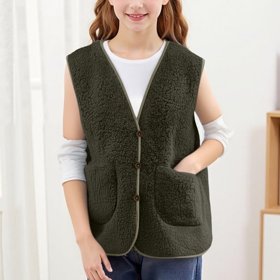 Mercatoo Toddler Baby Girls Sherpa Fleece Vest, Button Down Sleeveless Gilet with Pockets, Cozy Warm Layer for Fall Winter and Spring Layering