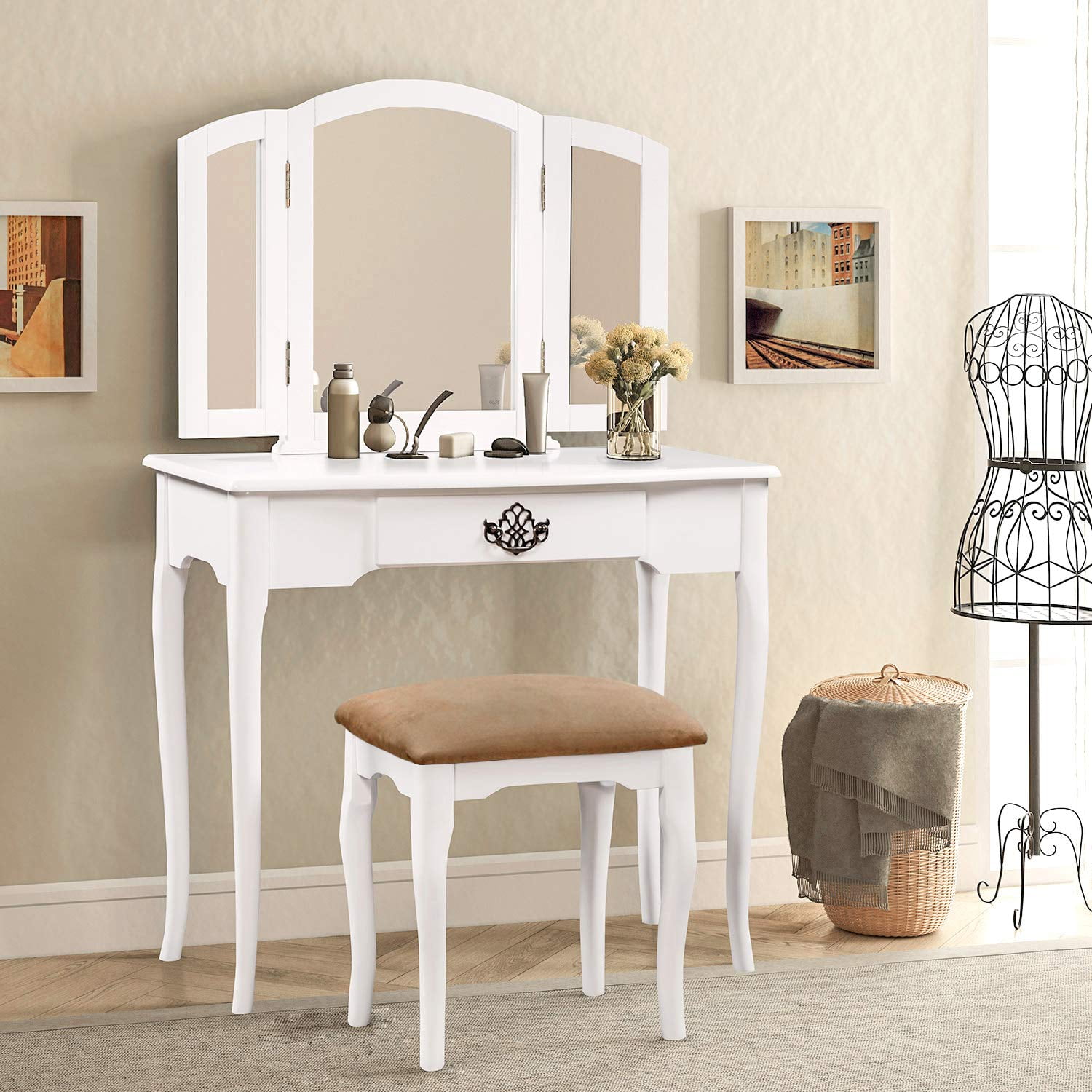 Topcobe Makeup Vanity Set With Stool Wooden Vanity Table For