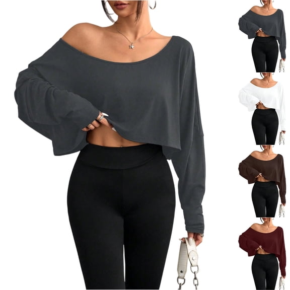 Batwing Sleeve Boat Neck Tops for Women Off The Shoulder Long Sleeve Cropped Tee Soft Breathable Comfortable Casual Shirts for Workout, #01 Dark Gray, M