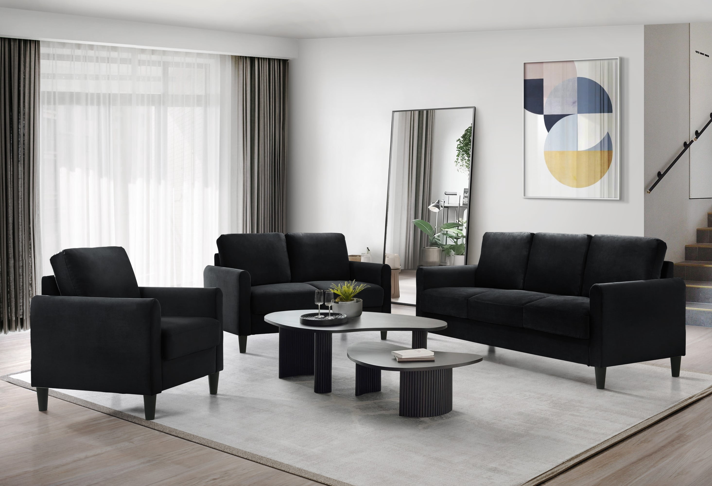 Home Design Airell Velvet Arm Chair with Plush Armrests and Sleek Black Legs, Modern Upholstered Design for Living Room, Black