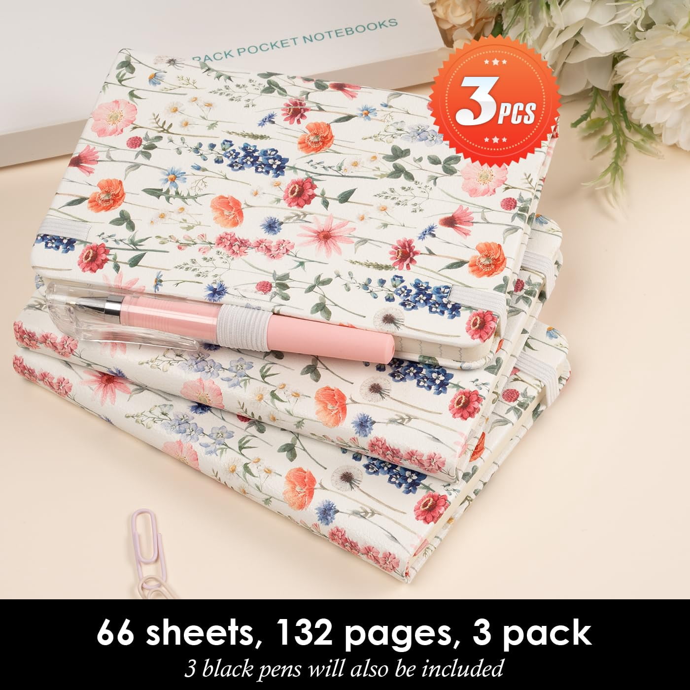 (3 Pack) Small Notebook Pocket Journal For Women  A6 (3.7" X 5.7") With Pen Aesthetic Floral Leather Cover 100gsm Thick Paper
