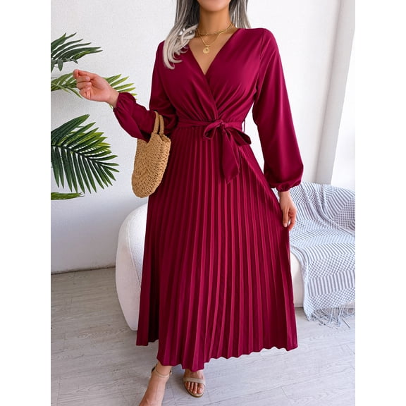 Women's Long Sleeve V-Neck Elegant Dresses for Women Robe with Belt Solid Crisscross Pleated Long Max Dress Mature