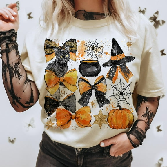 Retro Fall Pumpkin Bow Witch T-Shirt, Coquette Halloween Tee with Autumn Pumpkin Design, Cute Fall Shirt for Women, Sublimation Graphic Outfit