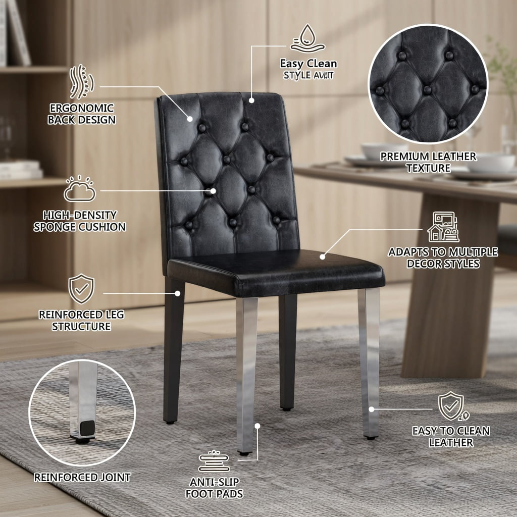 Hommoo 4-Pack PU Leather Dining Chairs with Ergonomic Buckle Backrest, 35 in Height, Metal Legs, Modern Minimalist Design for Home Dining Room or Commercial Use, Black & Sliver