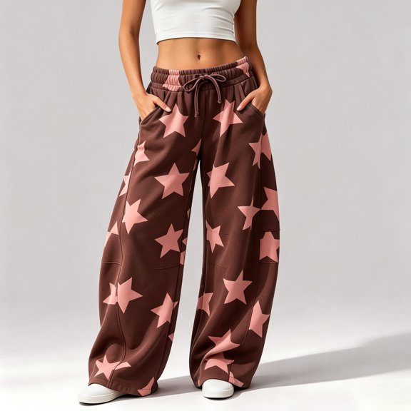 RUTAYY Women's Pants Elastic Drawstring Waist Wide Leg Star Print Side Pockets Casual Trousers Brown