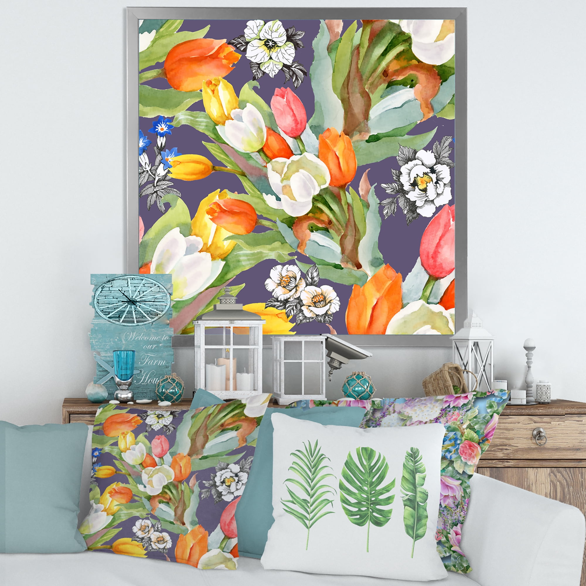 Designart 'Blooming Orange and White Tulips III' Traditional Framed Art Print