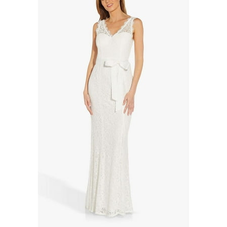Adrianna Papell Scalloped V-Neck Sleeveless Tie Waist Embroidered Zipper Back Lace Dress-IVORY / 18