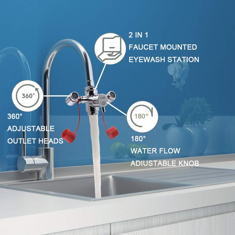 Faucet Mounted Eyewash Station Kit, Emergency Eye Wash Unit, OSHA Approved First Aid Eye Flush Kit, 1x Eyewash Station, 4X Adapters, 2X Inspection Tags, 1x Emergency Eye Wash Station Sign