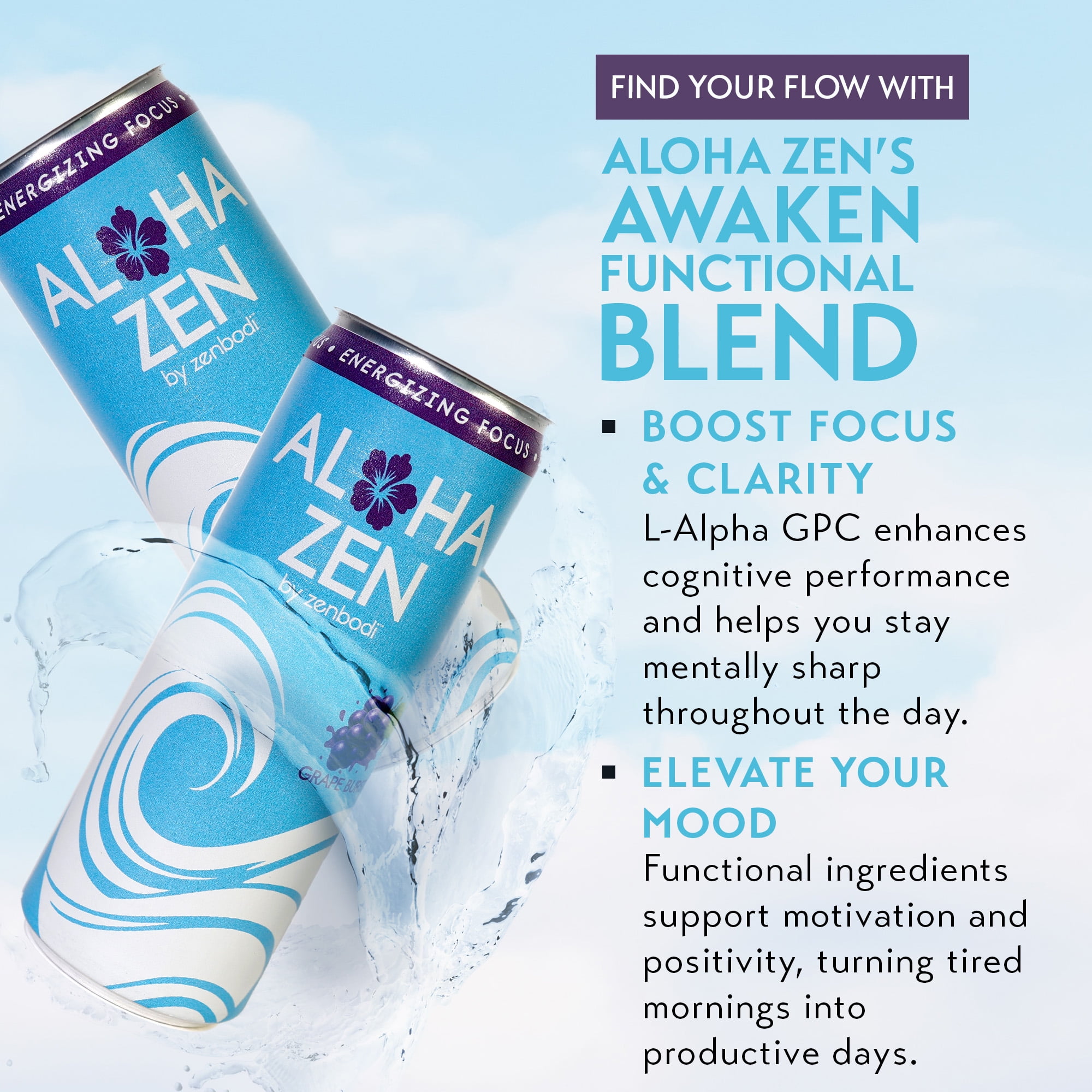 Zenbodi Aloha Zen Grape Burst - AWAKEN Functional Beverage - 12 oz (Pack of 12), No-Jitter Energy Drink, Contains L-Alpha GPC, Caffeine, and L-Theanine