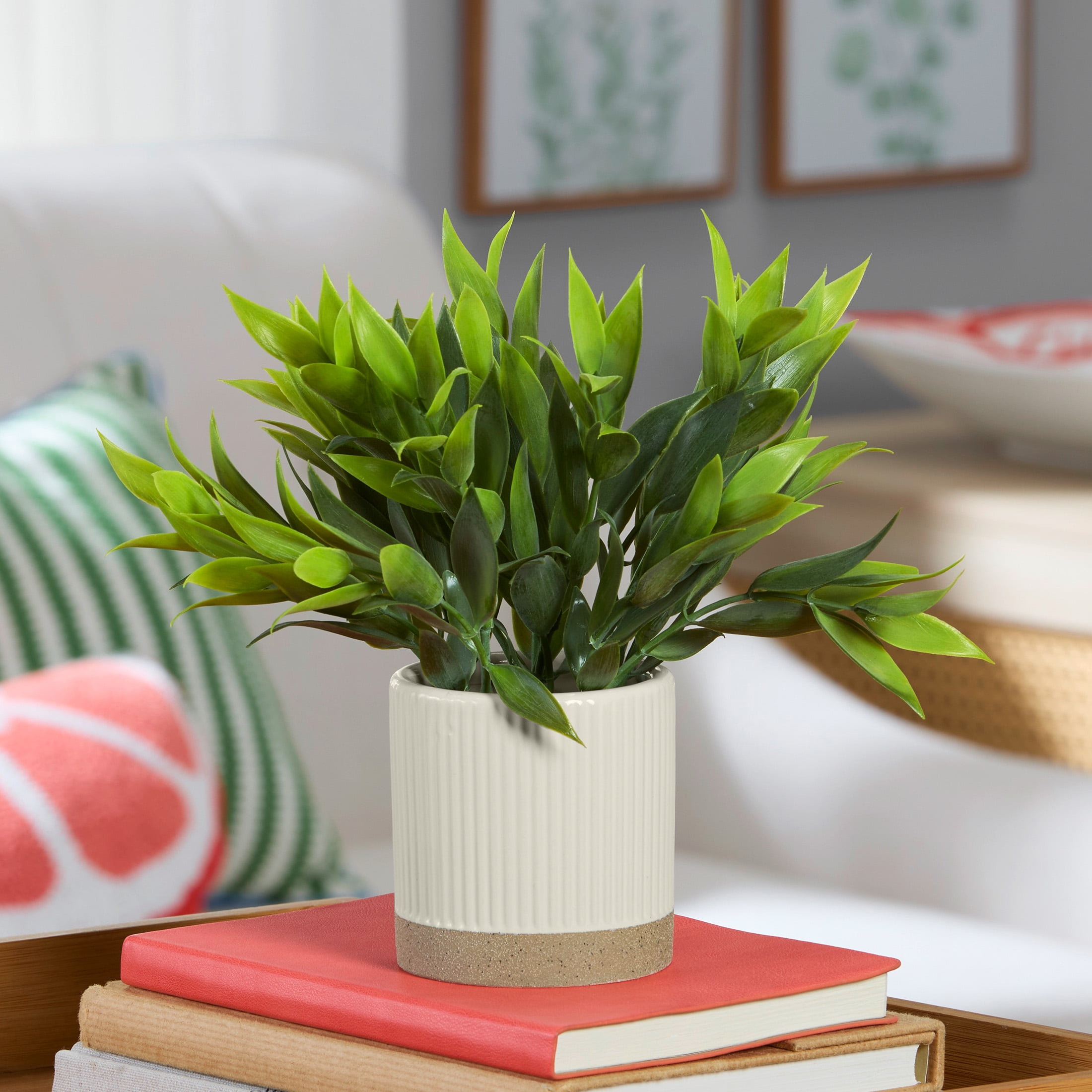 Mainstays by Becky G. & Alejandra 8" Artificial Tealeaf in White Two-Tone Ribbed Ceramic Pot