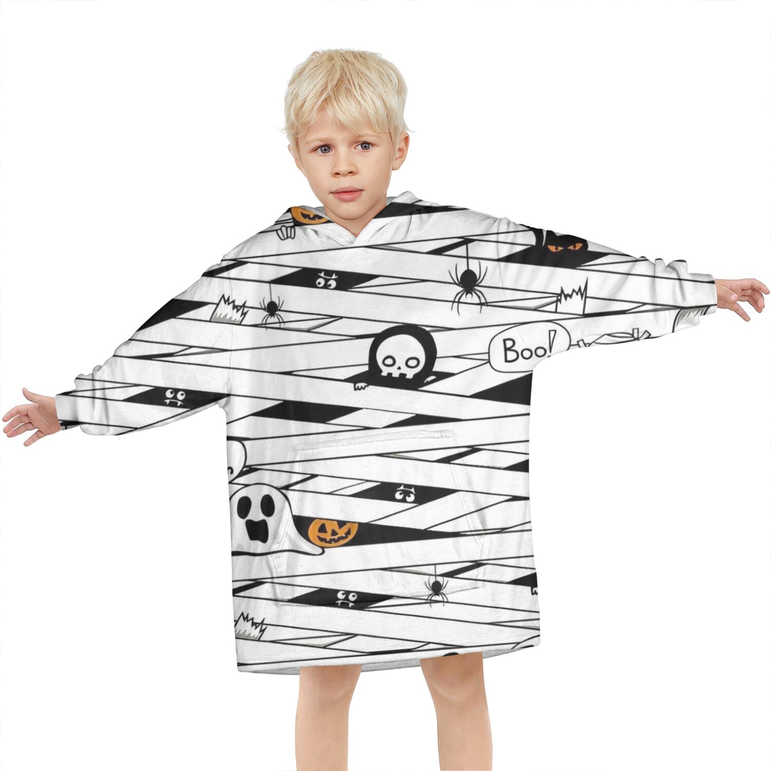 Spooky Halloween Pattern Blanket Hoodies for Kids 6-13YR Oversize Wearable Blanket Hoodies for Boys Girls Teens