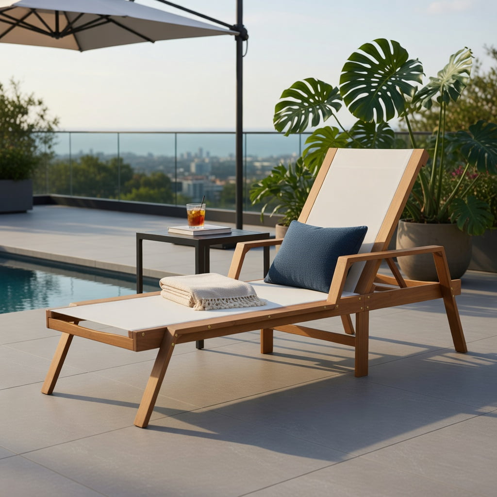 Hommoo Acacia Wood Patio Chaise Lounge Chair with Adjustable Backrest, Breathable Fabric Seat & Armrests, for Backyard, Poolside & Garden, White