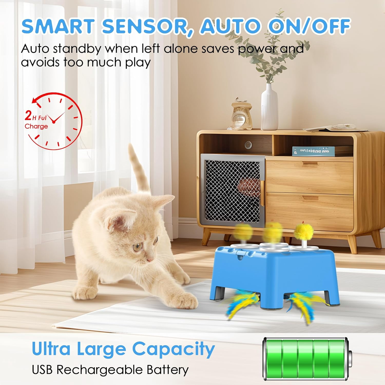 Cat Toys, Interactive Cat Toys, 2-in-1 Automatic Cat Toy, 4 Holes Mice Whack A Mole Cat Mouse Toy with Moving Feather, Portable USB Rechargeable Electronic Kitten Toys