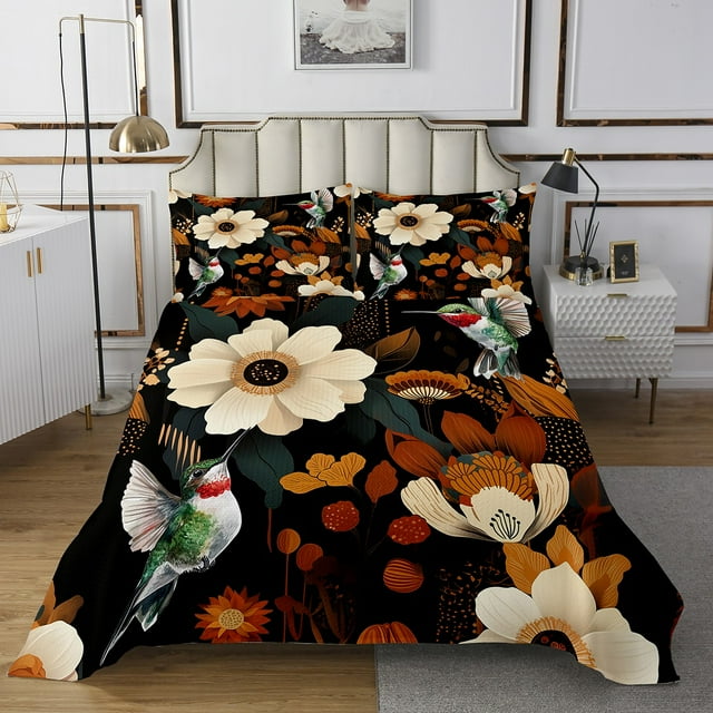 YST Tropical Floral Coverlet Queen Size Humming Bird Bedding Set, White Flower Bedspread Set Botanical and Animal Theme Quilt Set, Spring Garden Bed Set for Kids Bedroom