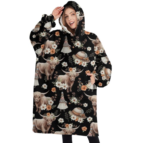 Oversized Wearable Blanket Hoodie,Black Highland Cow Flower Gnome Pattern Sherpa Blanket Hoodie with Super Pockets,Super Warm Fuzzy Pullover for Women & Men