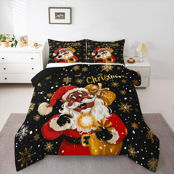 Manfei Santa Claus 2pcs Bedding Comforter Set,Christmas Snowflakes Twin Comforter Sets,Black Red Breathable Bedding Set,Super Cozy Festival Room Decor,Reversible