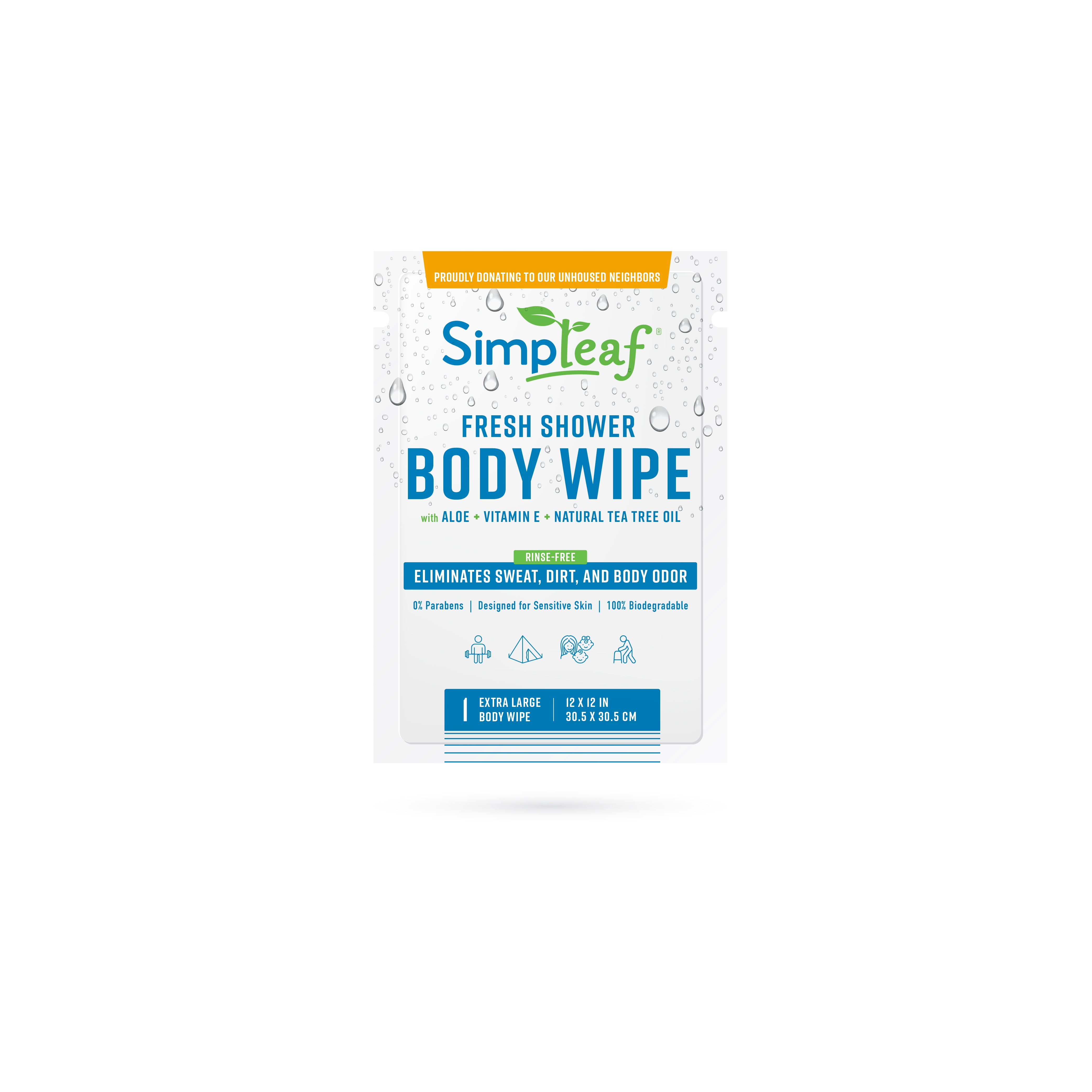 Simpleaf Body Shower Wipes | Extra Large Individually Packed Wipes | Eco- Friendly, Paraben & Alcohol Free | Hypoallergenic & Safe for Sensitive Skin | Vitamin E Infused | 20 Count