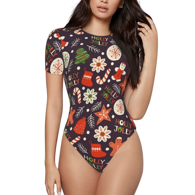 Fotbe Winter Holiday Christmas Body de Mujer con Cuello Redondo y Mangas Cortas, Sin Mangas Ajustado, Suave, Cómodo y Básico-Small