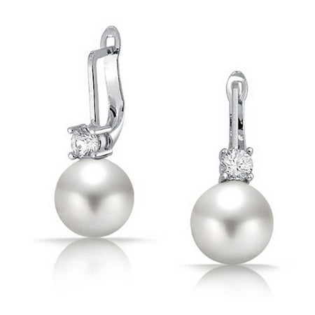 - Bridal CZ Leverback White Round Ball 8mm Simulated Pearl Drop Ball Huggie Earrings For Women Prom Silver Plate Brass