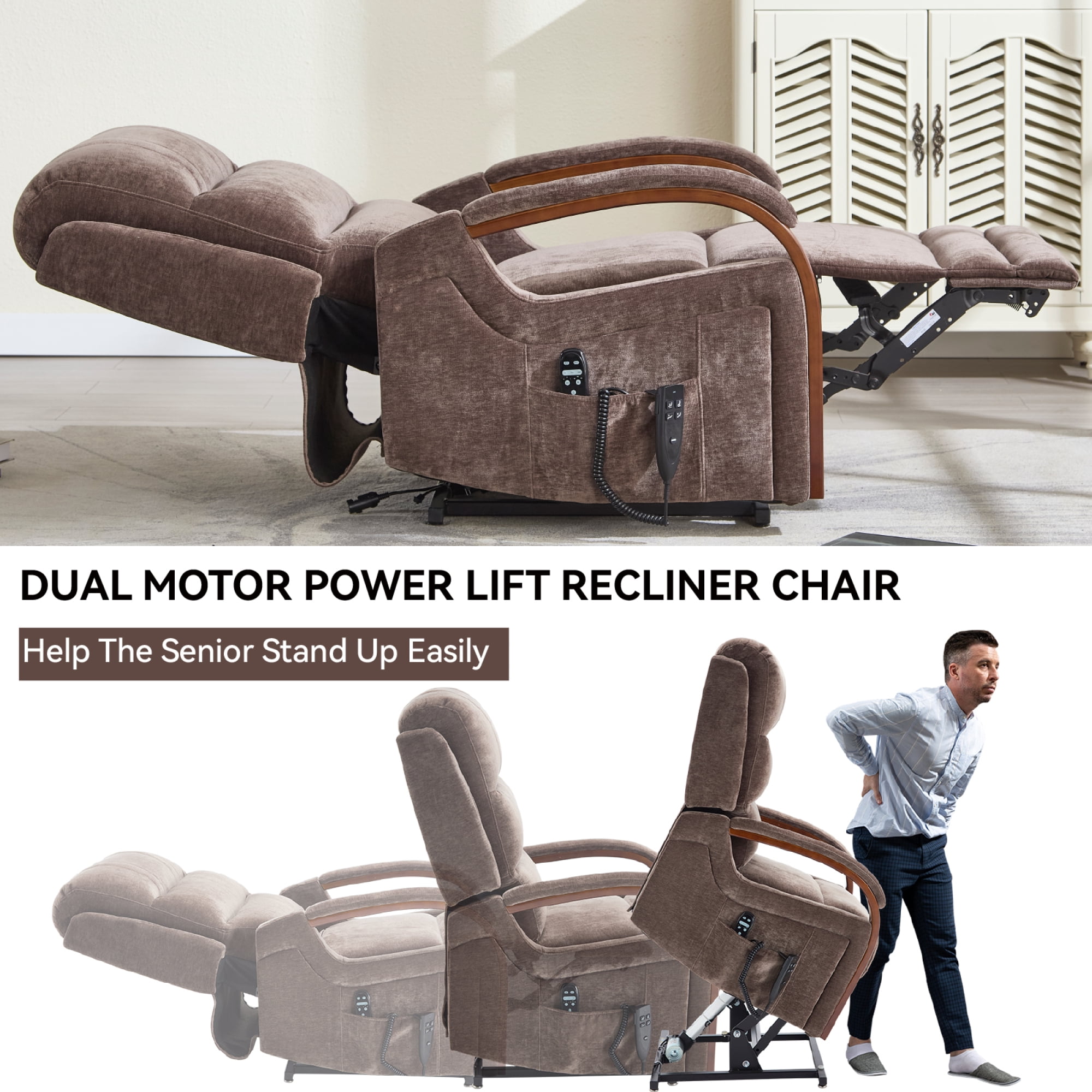 Leumius Power Lift Recliner Chair for Elderly with Heat and Massage,Lift Chair with Solid Wood Armrests for Living Room,Brown