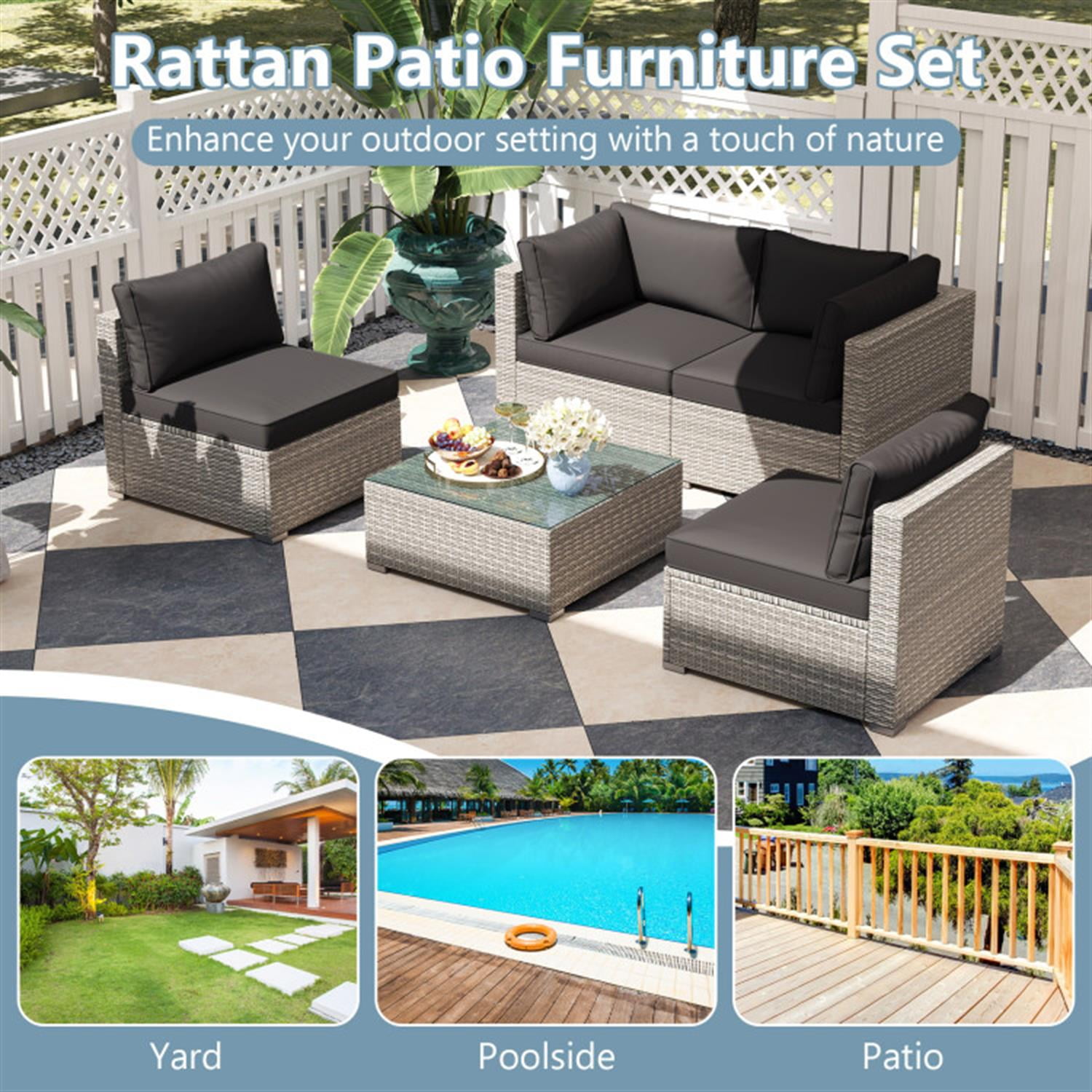 Demi Bonn 5-Piece Outdoor Patio Furniture Sets Sectional Sofa Couch and Glass Coffee Table with Cushions for Yard, Pool or Backyard, Black