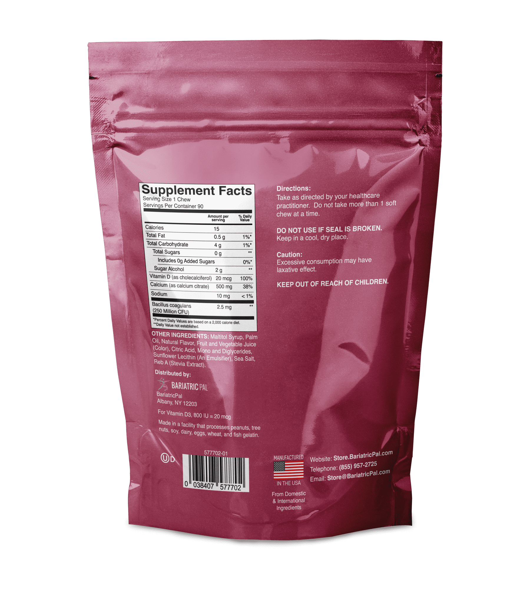 BariatricPal Sugar-Free Calcium Citrate Soft Chews 500mg with Probiotics - Tropical Punch (90ct)