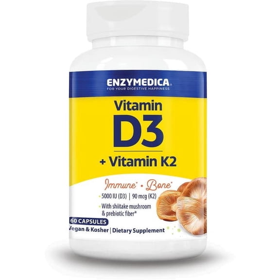 Enzymedica Vitamin D3 K2, 5000 IU Vegan D3 90 mcg MK-7, Plant-Based Supplement with Shiitake Mushroom & Prebiotic Fiber for Bone & Immune Support, 60 Capsules