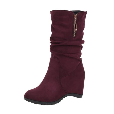 

Cathalem Shoes Women Adult Female Womens Rain Boots Mid Calf Plaid Pleated Pile Boots Side Zip Wedge Heel Knee High Boots for Women Wide Calf Heel Red 7.5