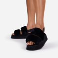 thumbnail image 2 of Luxemoda Women's Tata Fluffy Stripe Platform Slip On Open Toe Faux Fur Slippers (BLACK, 9), 2 of 6