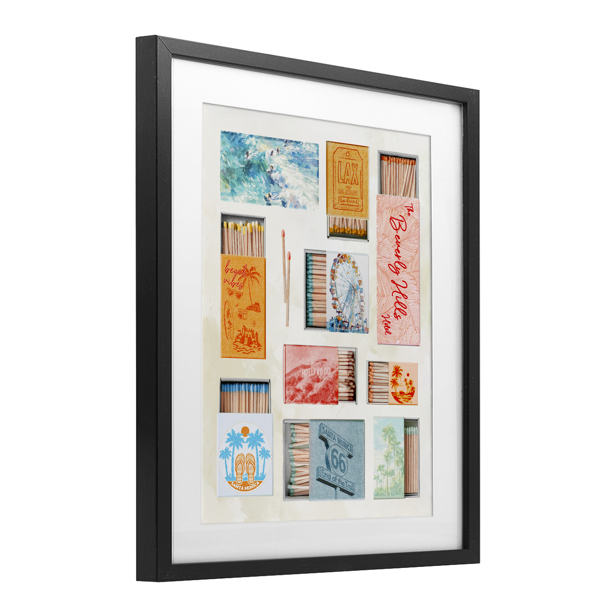 California Beach Matchboxes Black Framed Print Under Glass, design by Ziwei Li