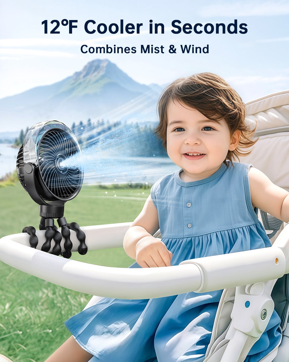 SWEETFULL Portable Misting Stroller Fan，Spray Cooling 4 Speeds, Quiet Rechargeable Fans for Travel, Outdoor, Golf Cart, Car Seat, Beach (Black)