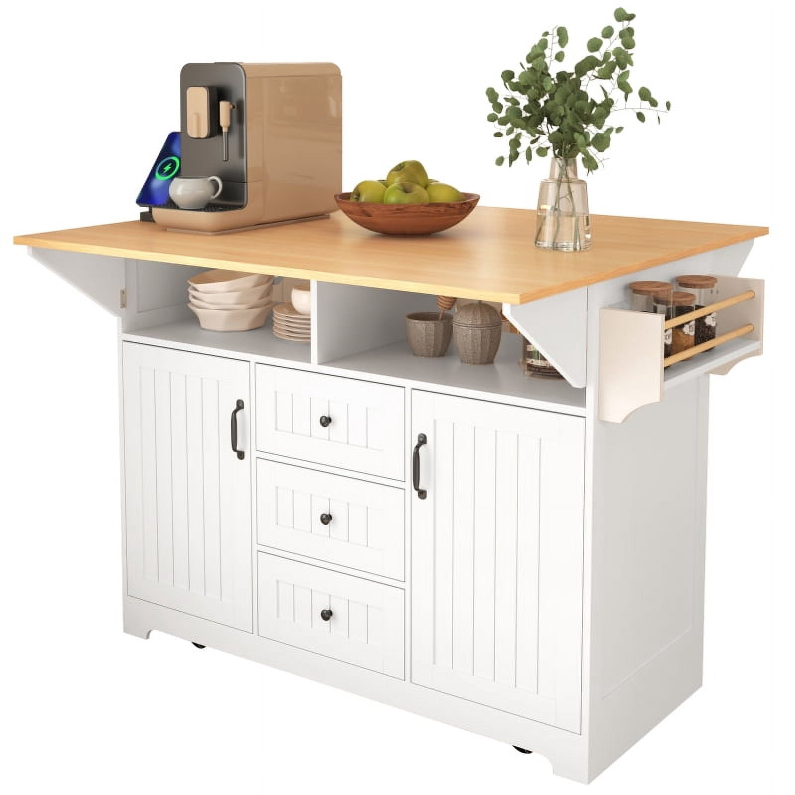 55.7'' Large Kitchen Island with 2 Drop Leaf,, Rolling Kitchen Cart on 5 Wheels with Power Outlet, Folding Storage Dining Table with Spice & Towel Rack , 3 Drawers, for Kitchen, Dining Room,White