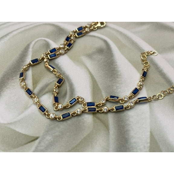 Sapphire and CZ Diamond tennis necklace,925K sterling silver tennis necklace,gold sapphire tennis necklace,sapphire CZ chain,sapphire choker chain,handmade