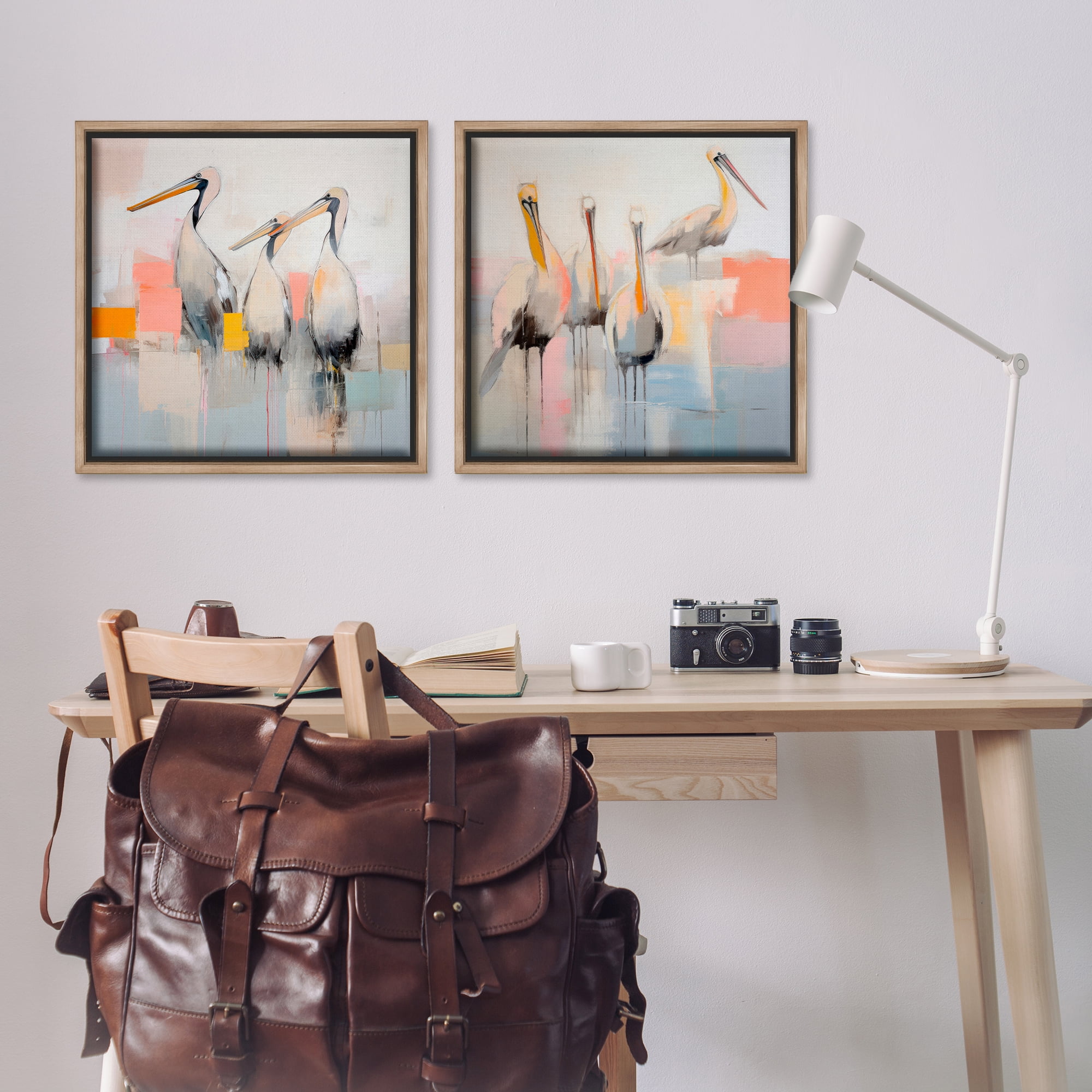 Stupell Industries Abstract Pelican Bird Animals Painting Brown Floater Framed Canvas Art Print Wall Art, 25 x 25, Set of 2