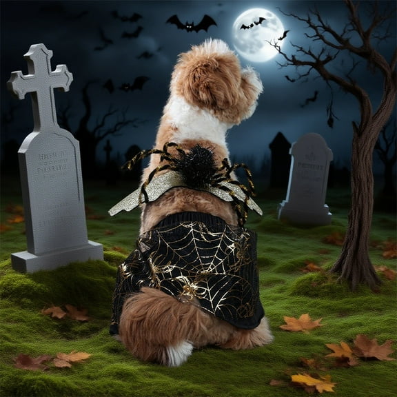 Set of 2 Halloween Spider-Themed Pet Costume: Black Tutu Dress with Web Pattern   Sparkly Wing | Ideal for Cat & Small-Medium Dog Cosplay