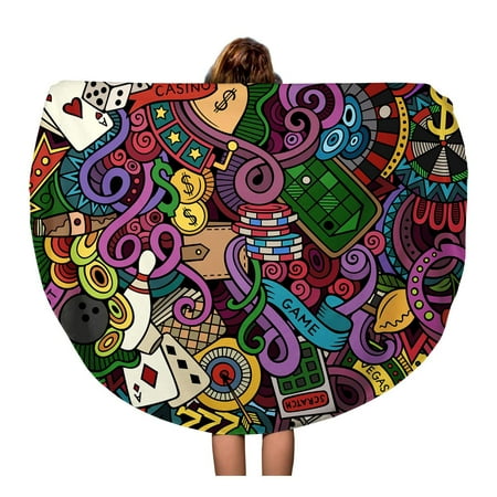 Vegas Coin - SIDONKU 60 inch Round Beach Towel Blanket Pattern Cartoon Doodles Subject of Casino Color Vegas Coins Travel Circle Circular Towels Mat Tapestry Beach Throw