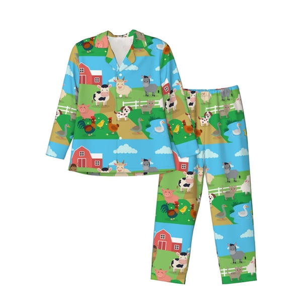 Fotbe Farm Animals Pijama de Hombre con Estampado de Manga Larga, Conjunto de 2 Piezas, Ropa de Dormir Suave y Cómoda con Bolsillos-Medium